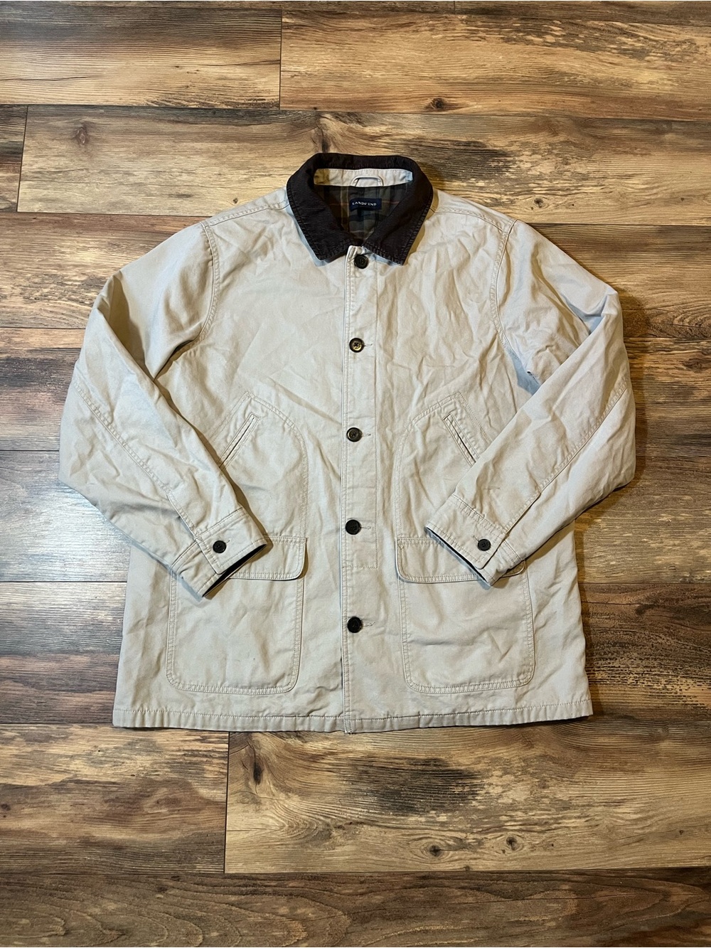Lands End Barn Coat Chore Jacket Mens XL Beige Field Jacket Plaid Lining Work